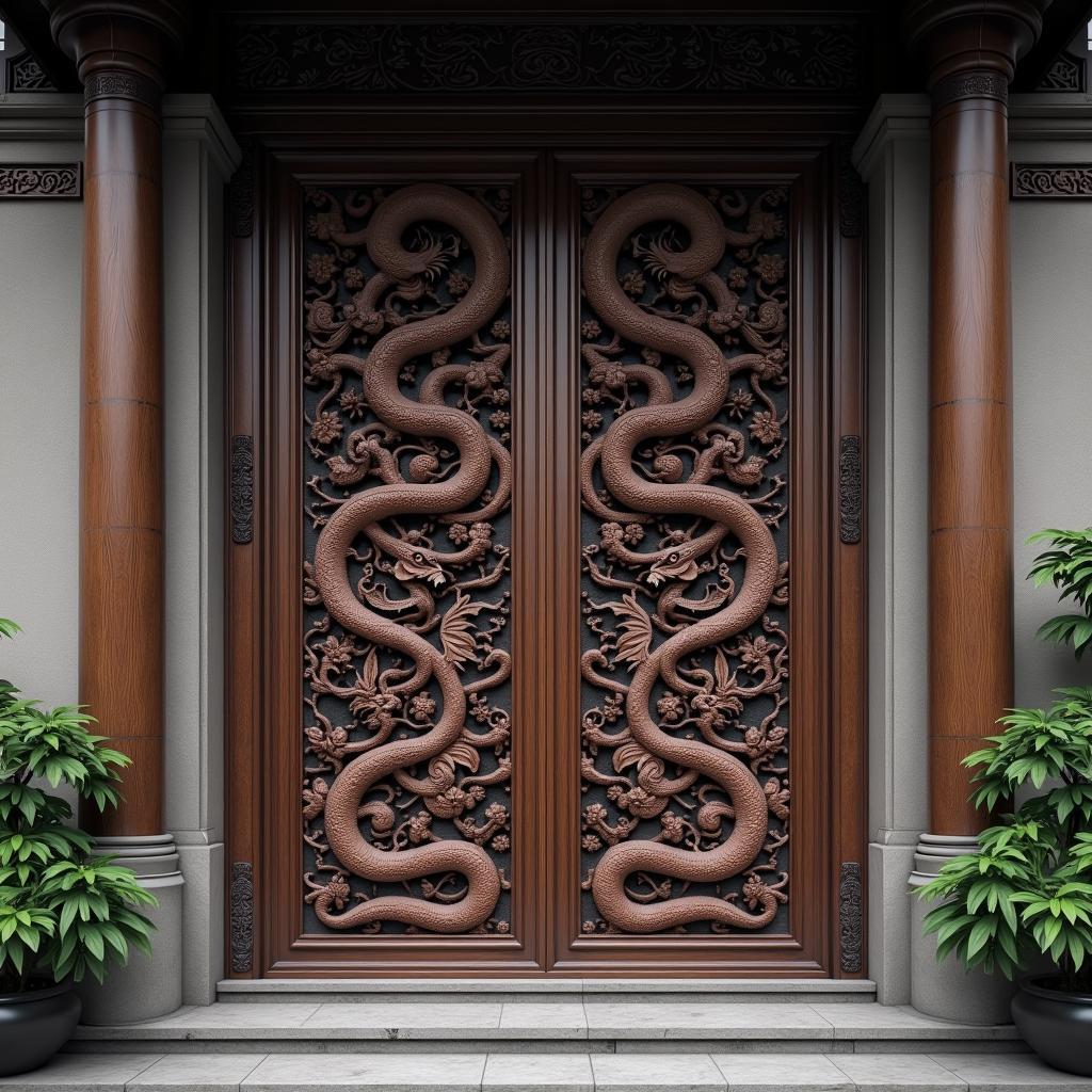 Mẫu CNC cửa chùa đẹp tinh xảo với hoa văn rồng phượng chạm khắc trên gỗ tự nhiên